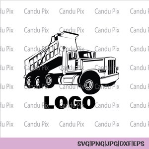 May include: Black and white silhouette of a dump truck with the word "LOGO" underneath. The truck is facing the right side of the image.
