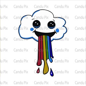 Puede incluir: Una nube de dibujos animados con una gran sonrisa y ojos grandes está vomitando un arcoíris. El arcoíris gotea pintura roja, amarilla, azul y verde.