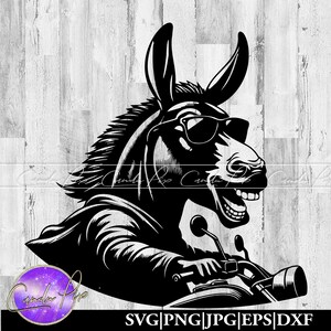 May include: A black and white illustration of a donkey wearing sunglasses and riding a motorcycle. The donkey is smiling and has a determined look on its face.
