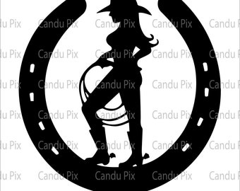 May include: Black silhouette of a pregnant woman wearing a cowboy hat and boots, holding a lasso, standing inside a horseshoe. The image is a graphic design for a digital download.