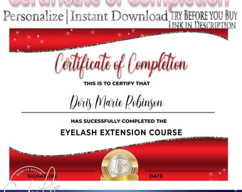 Certificate of Completion Template Red- Lash Training Certificate - Beauty Course - Nails Certificate - Certificate Template Editable