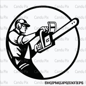 May include: Black and white illustration of a person wearing a hard hat and ear protection operating a chainsaw. The person is positioned in a circle.