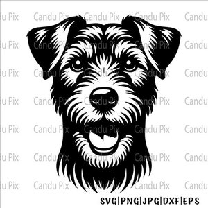 Può includere: Silhouette in bianco e nero della testa di un cane con un'espressione felice. Il cane ha un pelo corto e irsuto e un muso lungo.
