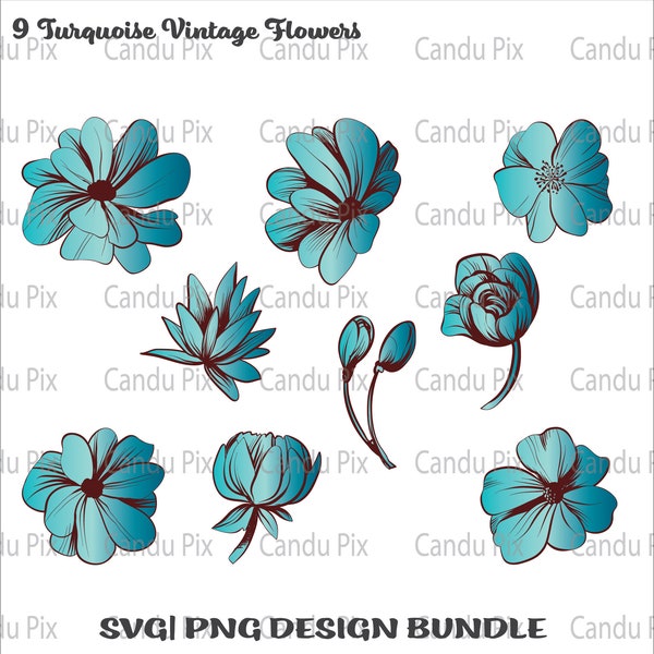 Turquoise Vintage Flowers Design Bundle Svg, Turquoise Svg, Vintage Flowers Png, Turquoise Png,  Cricut