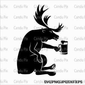 May include: A black silhouette of a moose sitting down and holding a glass of beer. The moose has large antlers.