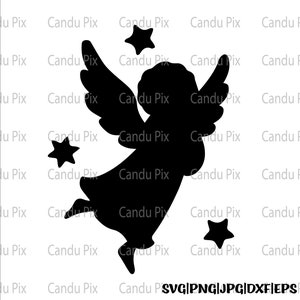 May include: A black silhouette of an angel with wings spread wide, flying upwards towards five white stars. The angel has a halo and is depicted in a joyful, uplifting pose.