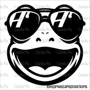 May include: A black and white illustration of a frog wearing sunglasses and smiling. The frog has a large, toothy grin and is wearing round, dark sunglasses.