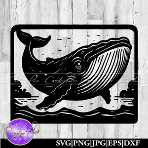Puede incluir: Silueta en blanco y negro de una ballena saltando fuera del agua. La ballena está en un marco cuadrado con un patrón de onda en la parte inferior.