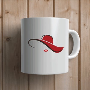 May include: White ceramic mug with a red and brown silhouette of a woman wearing a large hat. The hat is red and the woman's lips are red.