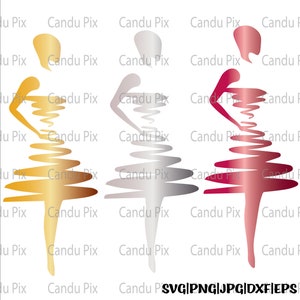 Puede incluir: Tres figuras estilizadas abstractas de mujeres en oro, plata y rosa. Las figuras están hechas de líneas onduladas y están de pie en una fila.