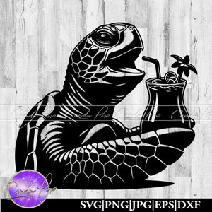 May include: Black and white silhouette of a turtle holding a tropical drink with a straw and a flower garnish. The turtle is smiling and appears to be enjoying the drink.