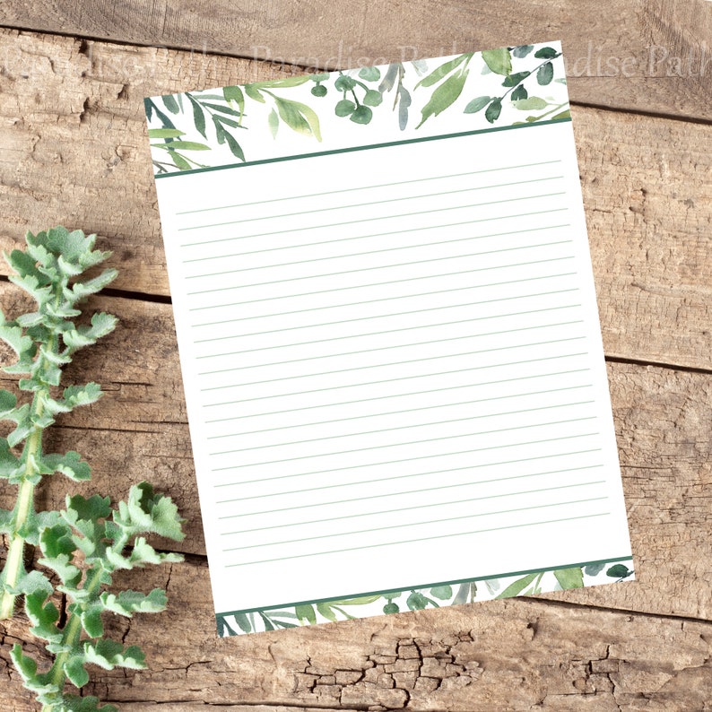 8 Designs of green leafy printable stationery set. Green lined Etsy