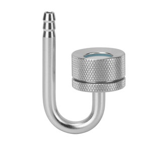May include: A silver metal U-shaped tube with a threaded cap on the top. The cap has a small, clear, round window with a blue ring around it.