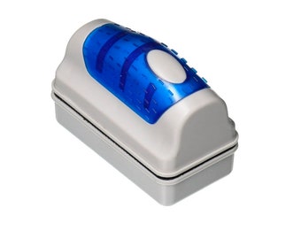 May include: A rectangular magnetic aquarium glass cleaner featuring a light gray plastic housing with a curved top. The top section includes a translucent blue plastic insert with a white oval button and a series of small, raised black dash markings.