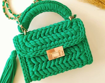 Crochet Green Bag, Knitted Shoulder Purse, sytlish baguette bag