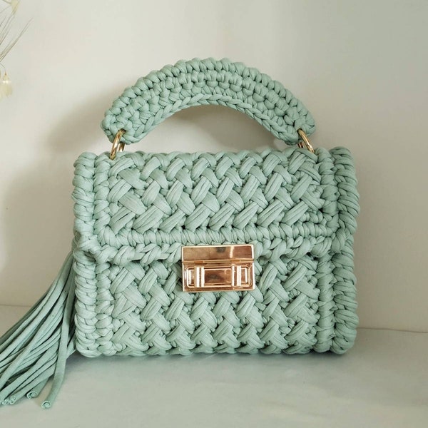Handmade Mint Green Crochet Bag, Knitted Bag, Capri Luxury Bag, Crochet handbag, Hand Woven Bag, unique gift for her, christmas gift bag