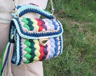 Multicolor Crochet bag, rainbow knitted purse, sytlish handbag, capri bag, Luxury bag for women, woven crossbody bag, handmade gift for her