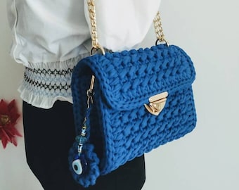 Crochet Royal Blue Shoulder Bag, Cotton Knit Purse with Chain