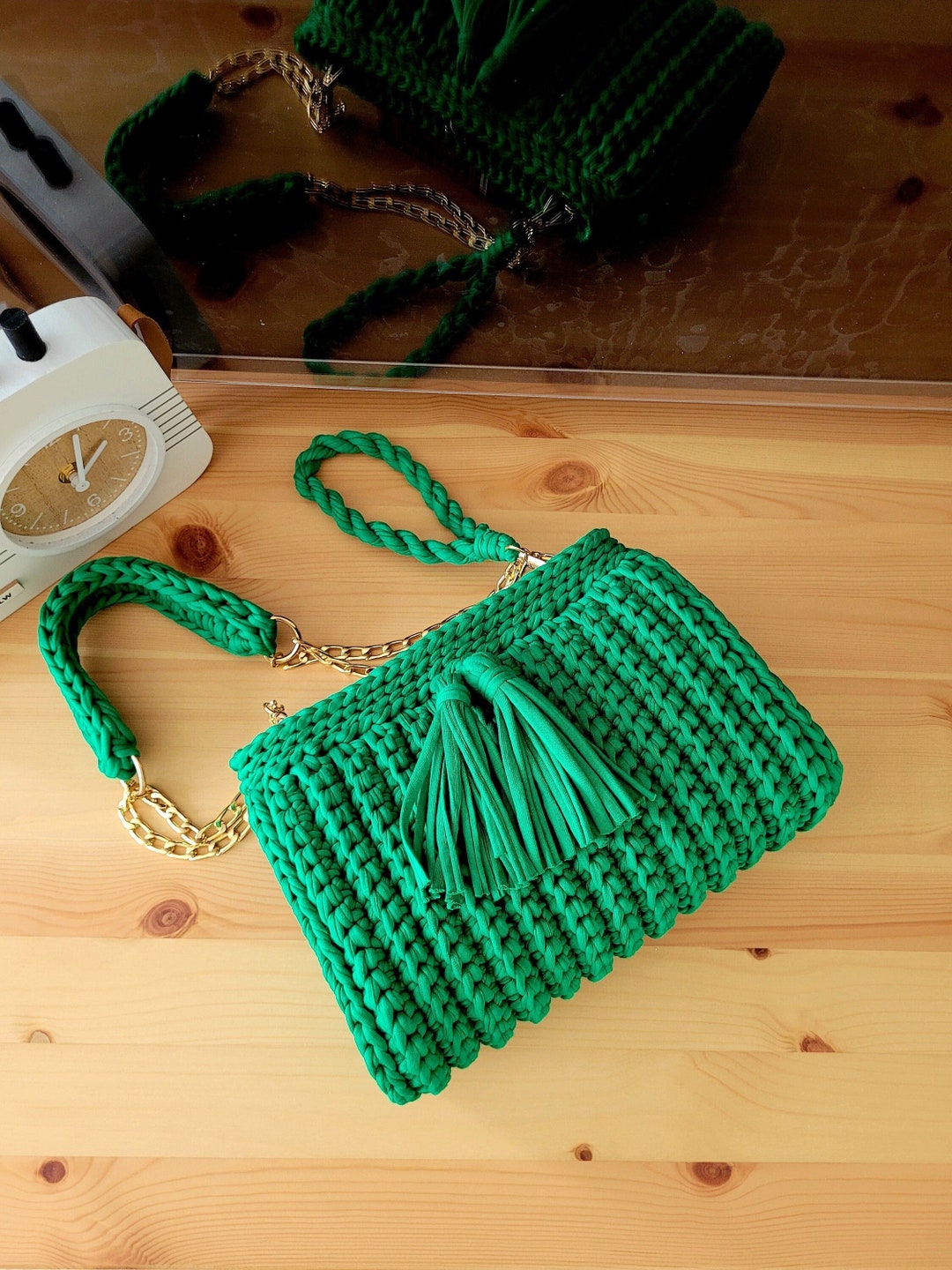 Green Handmade Bag, Elegant Knit Purse, Designer Bag, Shoulder Bag ...