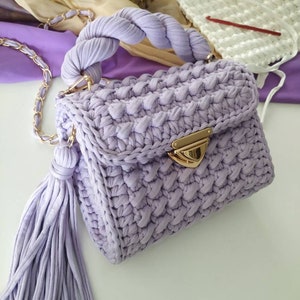 Handmade Crochet Bag: Lilac handbag, Elegant Knit Purse with Tassel