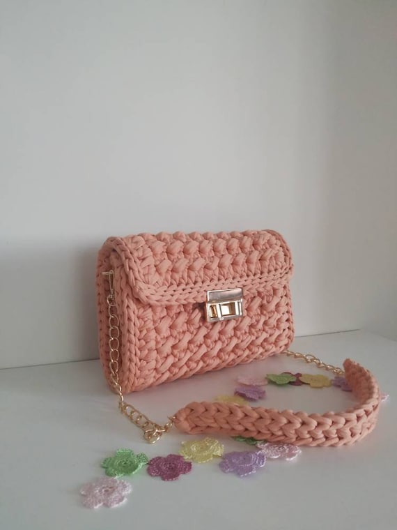 Crochet Royal Blue Shoulder Bag, Cotton Knit Purse With Chain