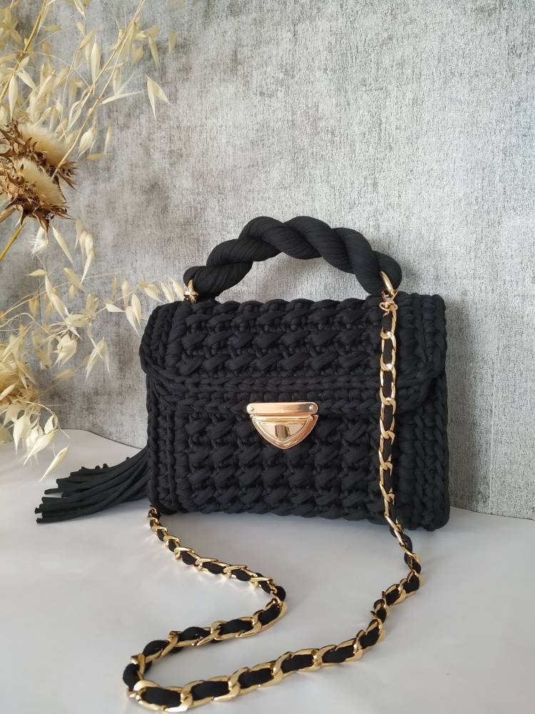 Schwarze Netztasche mit Bambusgriff gehäkelte Handtasche für - .de
