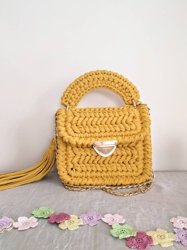 Crocheted yellow handbag Designer shoulder bag Mustard bag with