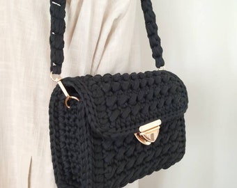 Crochet Royal Blue Shoulder Bag, Cotton Knit Purse With Chain