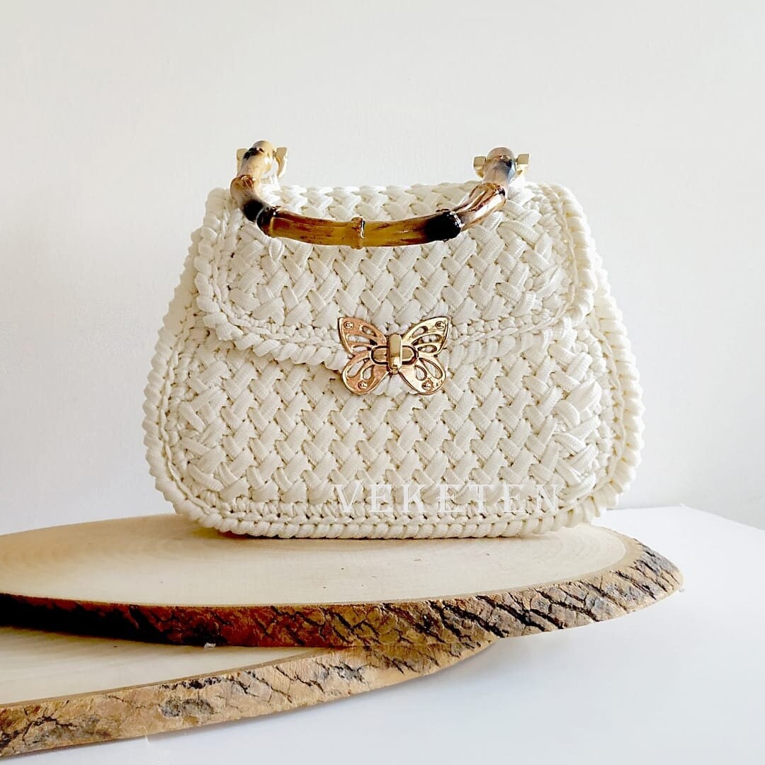 Bamboo Handle Crochet Bag Elegant Knit Purse Bridesmaid Bag Etsy