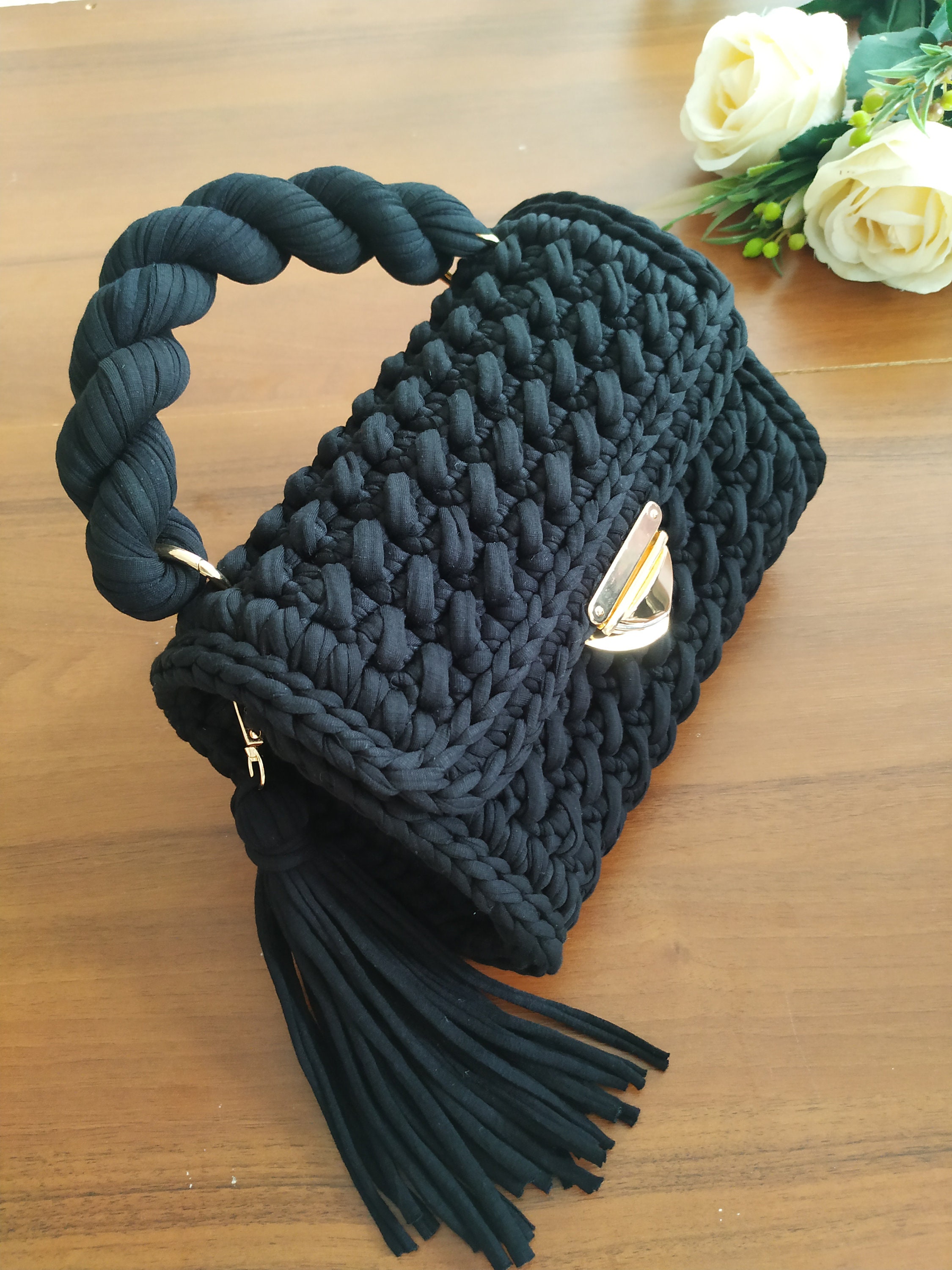 Handmade Black Shoulder Bag With Tassel - Etsy