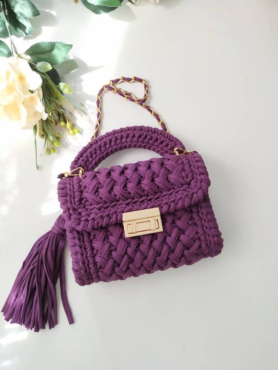 Bolso crochet y tela única tejido a mano - Bolso UNO Fuxia Toile