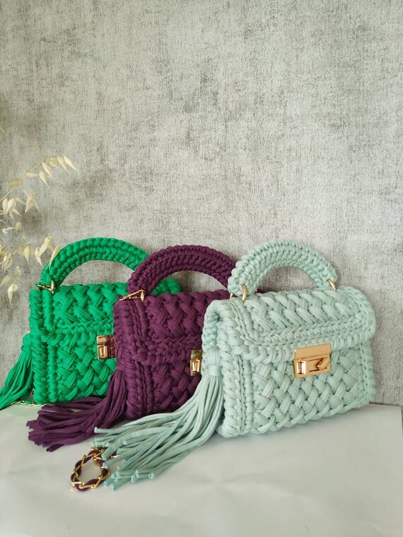 Handmade Green Crochet Bag: Knitted Handbag With Tassel and