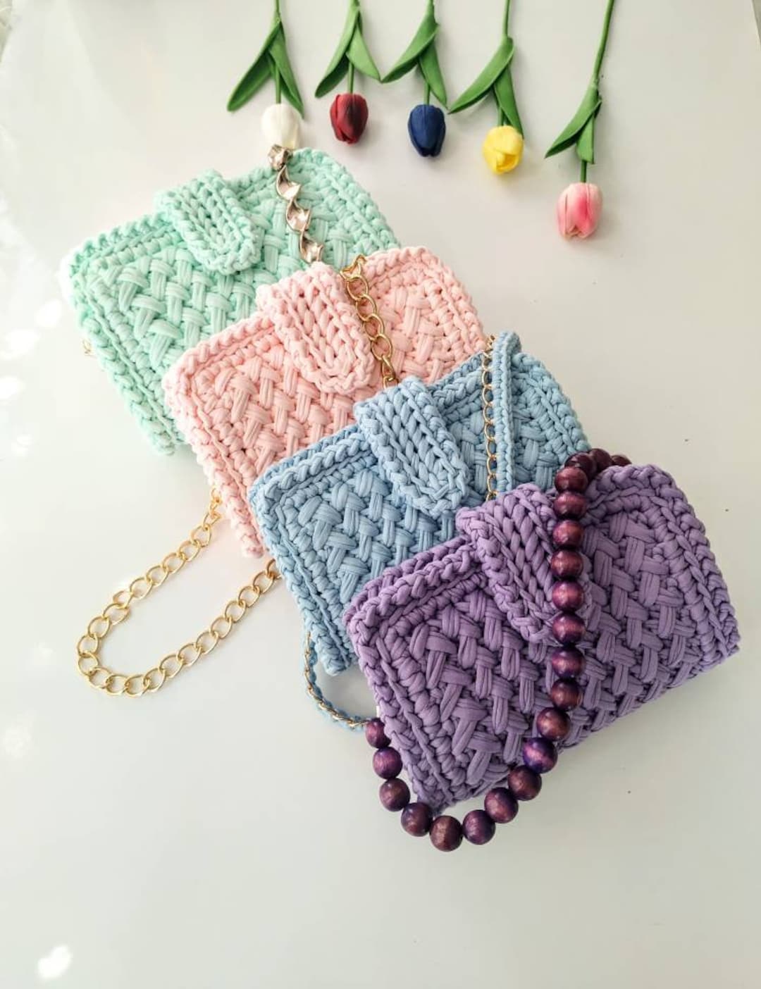 Crochet Clutch Bag in Pastel Colors: Hand Woven Cotton Shoulder