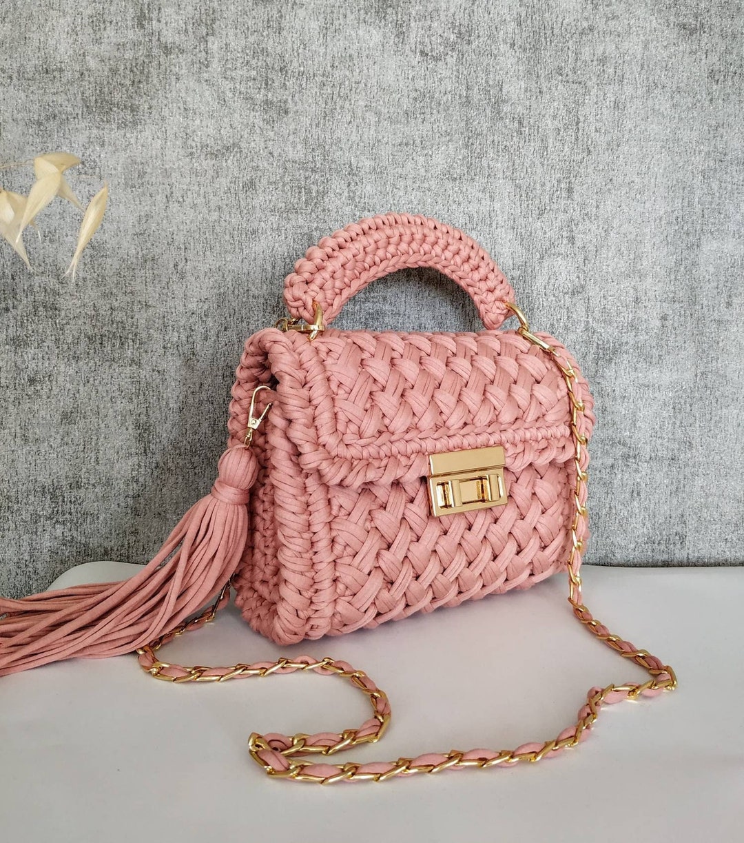 Handmade Crochet Pink Bag: Old Rese Knitted Top Handle Shoulder