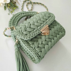 Sage Green Crochet Handbag: Knitted Shoulder Bag with Tassel