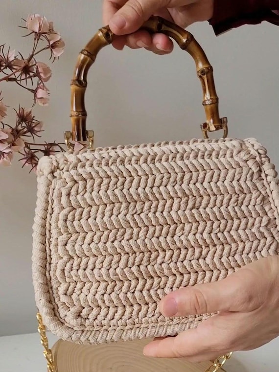 Crochet Beige Bag With Bamboo Handle, Design Knit Handbag - Etsy