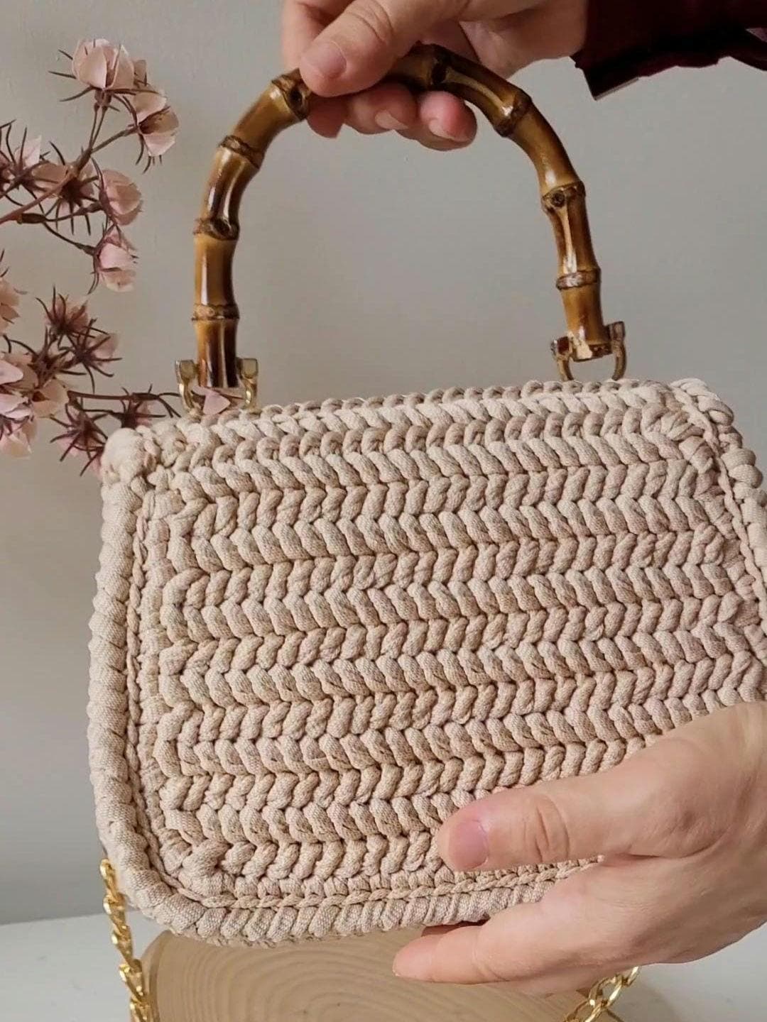 Crochet Beige Bag With Bamboo Handle, Design Knit Handbag - Etsy