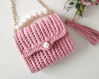 Handmade crochet Bag, Crochet Pink Bag, Bag with pearl, Bridesmaid bag, Hand knit Bag, hand woven bag, shoulder Luxury Bag, Gift for her,