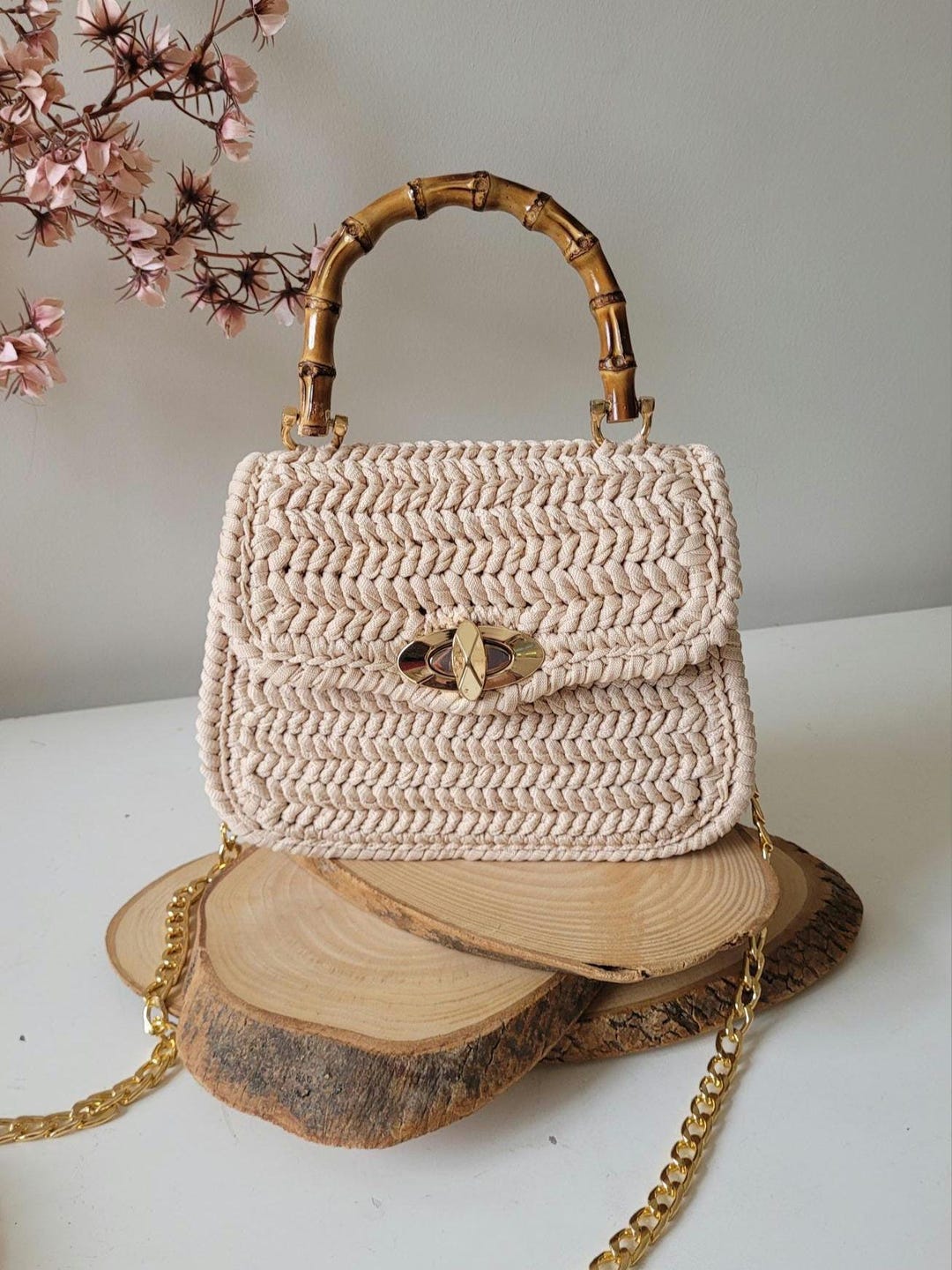 Crochet Beige Bag With Bamboo Handle, Design Knit Handbag - Etsy