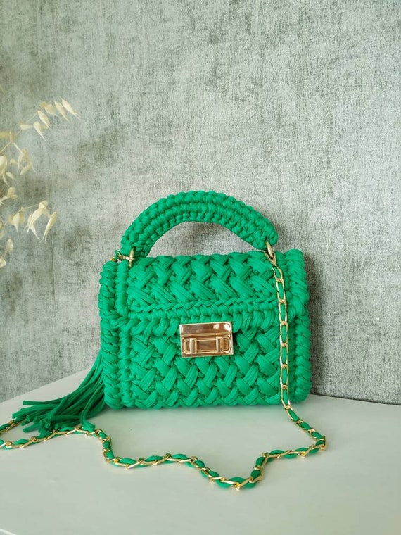 Handmade Green Crochet Bag: Knitted Handbag With Tassel and
