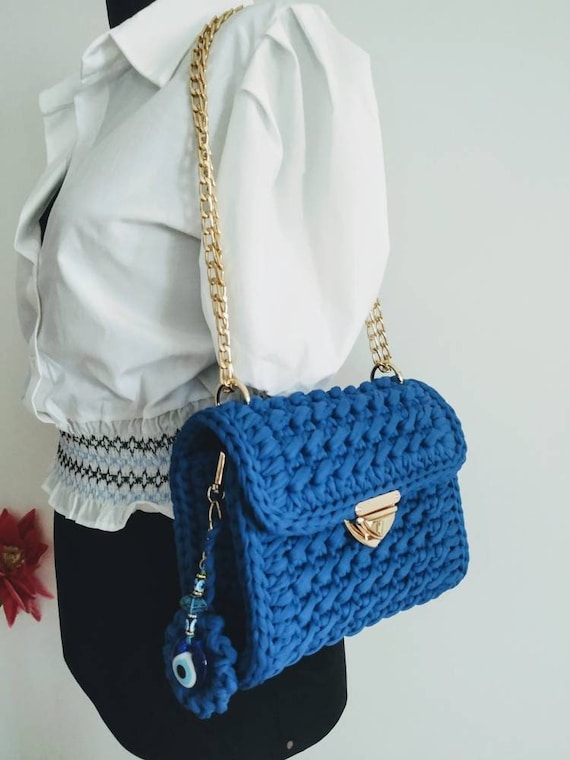 Crochet Royal Blue Shoulder Bag, Cotton Knit Purse With Chain