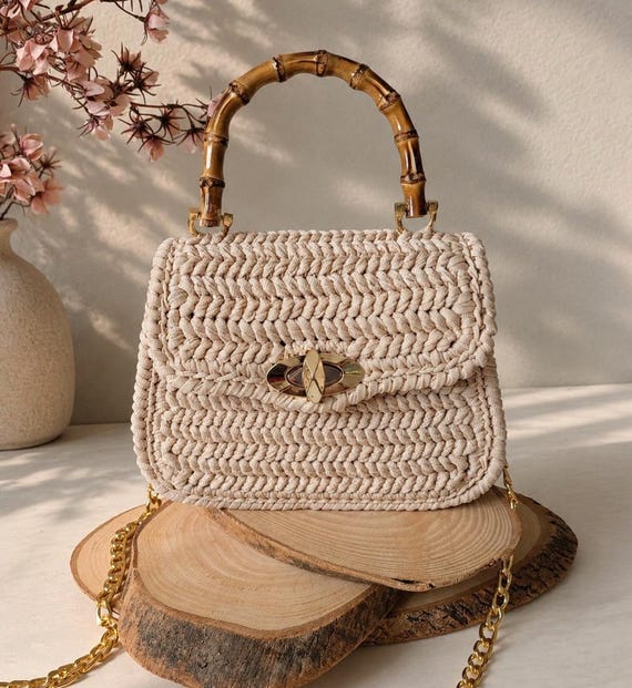 ハンドバッグ Antique crochet bag Crochet Beige Bag With Bamboo Handle, Design Knit Handbag - Etsy