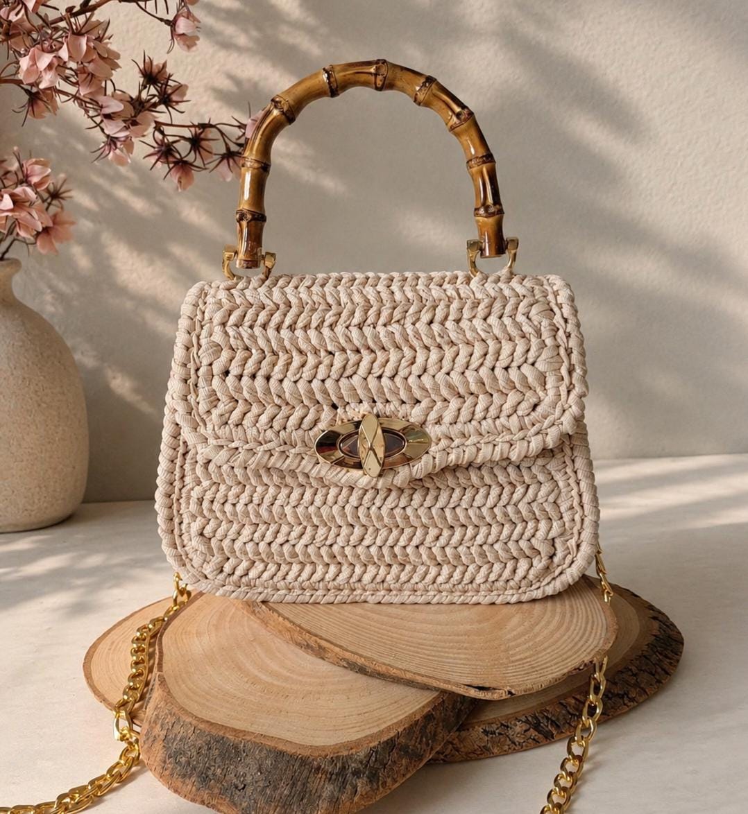 Crochet Beige Bag With Bamboo Handle, Design Knit Handbag - Etsy