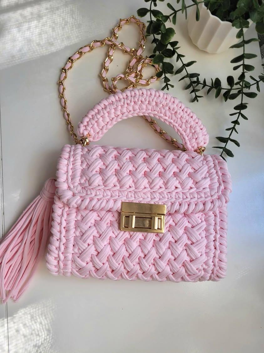 Handmade Pink Crochet Bag: Old Rose Knit Purse With Gold Chain and