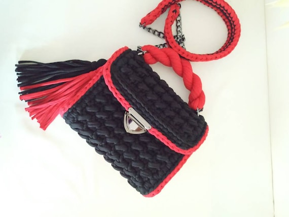 Black Red Crochet Bag Crochet Handbag Unique Gift Bag Crochet