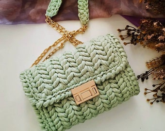 Mint Green Crochet Shoulder Bag, Knit Shoulder Purse