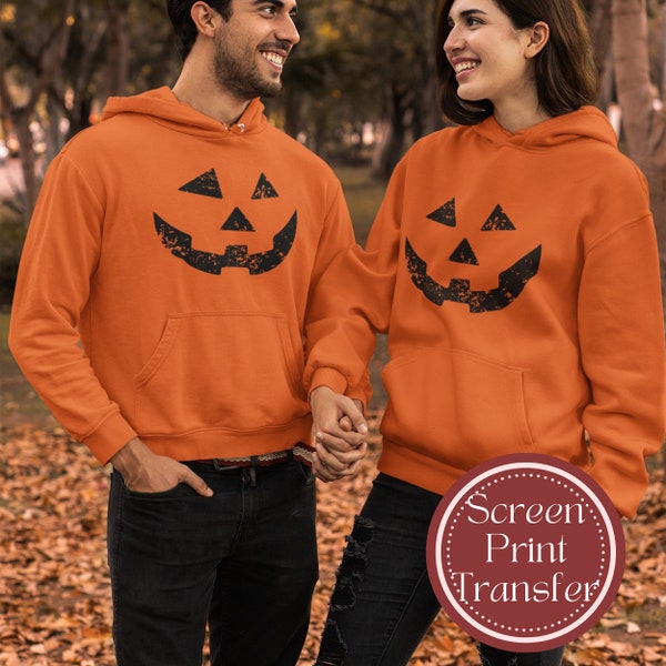 Halloween Screen Print Transfers Ready for Press | T Shirt Heat Press Transfers | Jack O Lantern Pumpkin Face On Iron for Couple Costume