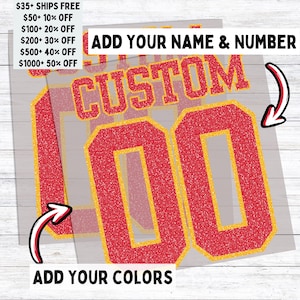 May include: Red and gold custom jersey design with the word "CUSTOM" and the number "00". The design includes the text "ADD YOUR NAME & NUMBER" and "ADD YOUR COLORS". The jersey design is on a transparent background.