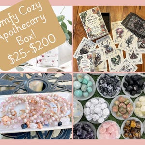 May include: A collection of crystals and stones in various colors and shapes, including amethyst, rose quartz, tiger's eye, and selenite. There are also several bracelets made with pink and white beads. A deck of oracle cards with the title "Green Witch's Oracle Deck" is also pictured.