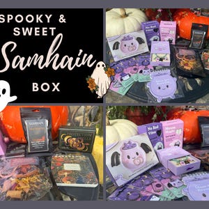 May include: A Samhain-themed gift box set featuring various items including a purple cauldron-shaped notepad with the text Ideas Are Brewing, small boxes labeled No Bad Vibes and Moon Magic, a Protection Spells box, and assorted botanical pouches.
